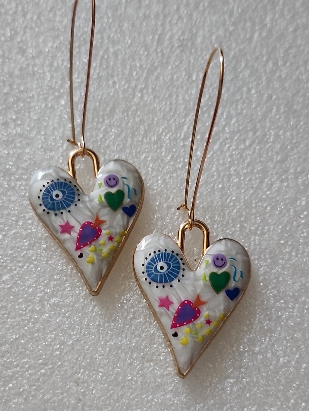 Hand Crafted White Heart Drop Earrings with Multicolor Accents